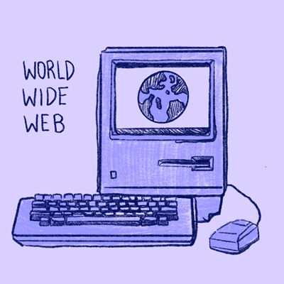 Illustration of a computer, keyboard and mouse with an image of earth on the screen depicting the world wide web.
