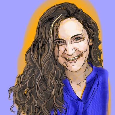  A full colour illustration of a smiling Emily Willan, including her shoulders and head.