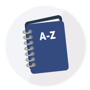 An illustrated blue notebook with a-z in white letters on the cover.