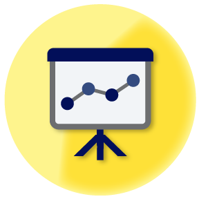 An illustrated icon representing a white board with a simple graph on a yellow background.